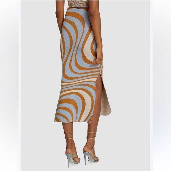 RHODE Ettie Floral Knit Midi Skirt Blue Brown Maxi Pencil Skirt Slit NWT L - Picture 4 of 12